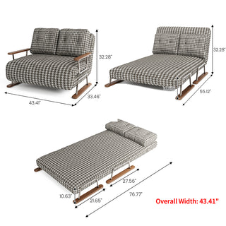 A dimension diagram showing the product measurements of a brown and white houndstooth convertible sleeper sofa loveseat in loveseat, chaise lounge, and single bed configurations, noting an overall width of 43.41 inches.