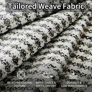 A close-up fabric texture detail shot of tailored weave upholstery highlighting rich dimensional texture, breathable and soft comfort, and durable, low-maintenance properties.