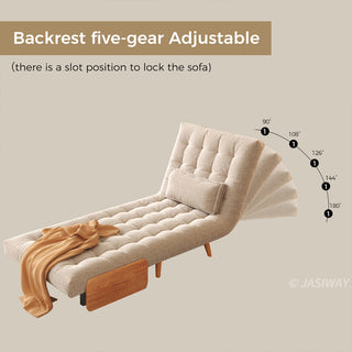A functional diagram illustrates the five-gear adjustable backrest of a beige linen tufted convertible sofa on a light background. The overlay demonstrates the various recline angles ranging from 90 degrees to 180 degrees. A rectangular lumbar pillow rests against the backrest, and a warm throw blanket is draped over the extended seat.