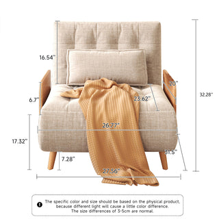 A product dimension diagram illustrates a beige linen tufted convertible armchair from the front against a white background. The chair features an overall width of 27.56 inches, a total height of 32.28 inches, and a seat height of 17.32 inches. Additional callouts indicate cushion dimensions, armrest height, and leg clearance for quick reference.