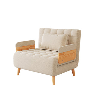 A beige linen tufted convertible armchair features wooden armrests and tapered legs against a clean white background. A single matching rectangular pillow rests neatly against its supportive backrest. This versatile piece combines a cozy modern aesthetic with functional design.