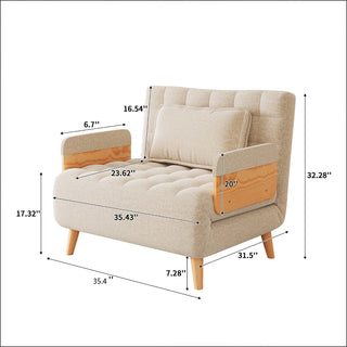 A product dimension diagram illustrates a wider beige linen tufted convertible armchair from an angled perspective against a white background. The armchair features an overall width of 35.43 inches, a total height of 32.28 inches, and a seat height of 17.32 inches. Additional callouts indicate cushion dimensions, armrest height, and leg clearance for quick reference.