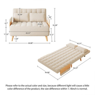 A product dimension diagram illustrates a beige linen tufted convertible loveseat in both folded and fully flattened states against a white background. The front view indicates an overall width of 44.88 inches, a total height of 32.28 inches, and a seat height of 17.32 inches. The flattened view shows a length of 76.57 inches with matching pillows and wooden armrests.