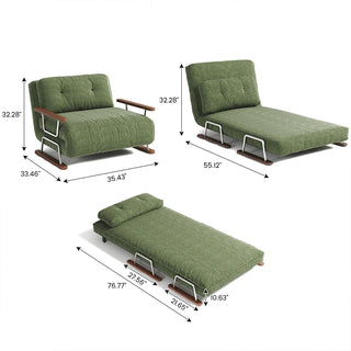 A product dimension graphic displays three configurations of the convertible green armchair and daybed against a white background. When set up as an armchair, it measures 35.43" wide, 33.46" deep, and 32.28" high. Fully extended as a flat daybed, it reaches a length of 76.77" with a height of 10.63". Measurement callouts detail its multi-functional design and physical dimensions from multiple angles.