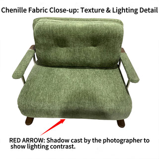 A close-up product image highlights the chenille fabric texture and lighting detail of the green armchair against a white background. A red arrow and descriptive text point out a shadow cast by the photographer on the seat cushion to demonstrate the material's lighting contrast and tactile surface.