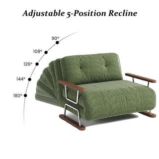 An infographic demonstrates the adjustable 5-position recline feature of the green armchair against a white background. Dotted lines and numbered indicators illustrate the varying recline angles at 90°, 108°, 126°, 144°, and 180°. This visual highlights the versatility and multiple lounging or sleeping angles of the convertible furniture piece.
