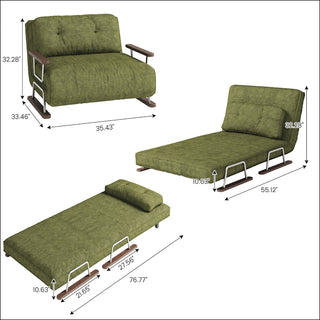 A dimensioned product diagram details the green textured fabric convertible sofa across three layouts. The top-left view measures the armchair at 35.43 inches wide, 33.46 inches deep, and 32.28 inches high. The middle-right view shows the extended sofa bed measuring 55.12 inches in length with a 32.28-inch back height, while the bottom-left view presents the fully reclined daybed measuring 76.77 inches long.