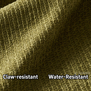 A close-up shot highlights the detailed texture of a dark green fabric with soft folds. The image features overlay text that points out its durability, reading "Claw-resistant" on the left and "Water-Resistant" on the right.
