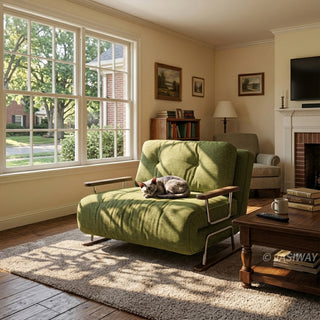A cozy living room bathed in sunlight features a green textured fabric armchair sofa with dark wooden armrests, positioned on a light rug. A cute cat is curled up sleeping peacefully on the seat cushion. Large multi-pane windows fill the space with natural light, showcasing an outdoor view of trees and houses. In the background, a wooden coffee table, a fireplace, and framed artwork on the beige walls complete the warm home setting.