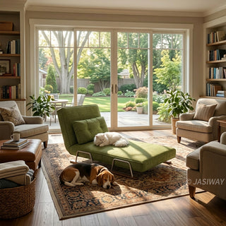 A bright, sunlit living room features a green convertible sofa bed reclined as a chaise lounge in the center of the space. A white cat is resting peacefully on the green sofa, while a beagle dog sleeps soundly on the patterned rug underneath. Large sliding glass doors in the background open up to a lush green backyard filled with trees and sunlight. Additional armchairs, built-in bookshelves, and warm wood flooring complete the cozy home atmosphere.