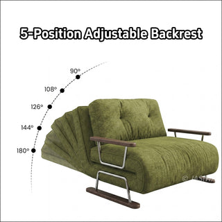 An informational diagram illustrates the 5-position adjustable backrest of the green convertible armchair sofa. The backrest is shown overlapping at various angles, with labeled indicator points marking 90°, 108°, 126°, 144°, and 180° recline positions along a curved trajectory.