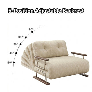 An informational diagram showcases the 5-position adjustable backrest of the beige convertible armchair sofa. The backrest is shown overlapping at various angles, with labeled indicator points marking 90°, 108°, 126°, 144°, and 180° recline positions along an arched trajectory.