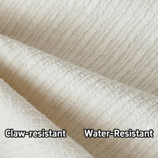 A close-up shot displays a textured, light beige fabric with gentle folds. Bold text on the image highlights the material's key features, reading "Claw-resistant" on the left and "Water-Resistant" on the right.