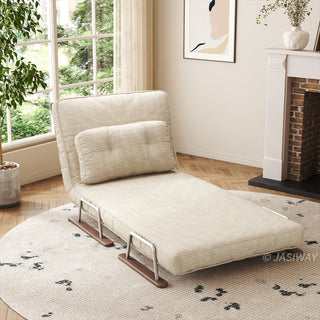 A beige textured fabric convertible sofa is configured as a chaise lounge, positioned on a patterned round rug in a bright, cozy living room. The adjustable backrest is propped up at a comfortable angle with a matching tufted bolster pillow placed against it. In the background, a large window with natural light, a herringbone wooden floor, and a brick fireplace create a warm and inviting atmosphere.
