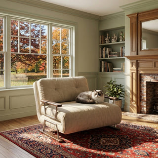 A fluffy cat rests comfortably on a beige textured fabric armchair sofa with wooden armrests, which sits on a vibrant patterned rug. Large multi-pane windows fill the room with warm sunlight, offering a scenic view of autumn trees outside. In the background, a cozy living space features green walls, built-in bookshelves, and a classic brick fireplace.