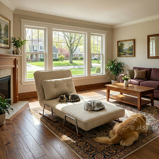 A modern convertible chaise lounge upholstered in textured beige fabric sits on a patterned area rug over a wooden floor, with two sleeping cats and a resting golden retriever nearby. The lounge features an adjustable backrest, a matching tufted bolster pillow, and a sleek sled-style base combining wood and chrome. In the background, a spacious, sunlit living room with large windows, a fireplace, and a sofa creates a warm and pet-friendly home environment.