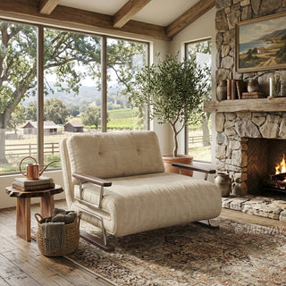 A rustic living room interior featuring a modern beige fabric armchair convertible sofa with dark wood accents. The armchair is positioned in front of floor-to-ceiling windows offering a view of a vineyard, fields, and farm buildings. To the right, a large stone fireplace with a roaring fire anchors the wall, next to an olive tree in a terracotta pot. A small live-edge side table with a watering can and stacked blankets, along with a woven basket, completes the scene.