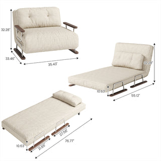 A dimensioned diagram showing the beige textured fabric convertible armchair sofa in three configurations. The top-left image displays the armchair with specific measurements: 35.43" width, 33.46" depth, and 32.28" height. The middle-right image shows the sofa bed extended to 55.12" length with a 10.63" height and 32.28" back height. The bottom-left image details the fully reclined daybed length as 76.77", also at 10.63" height, with a 27.56" seat depth and 21.65" leg length.