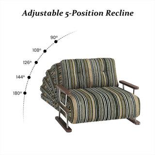 An infographic displays the adjustable 5-position recline feature of the dark striped armchair against a white background. Dotted arc lines and numbered indicators illustrate the varying recline angles at 90°, 108°, 126°, 144°, and 180°. This visual highlights the versatility and multiple lounging or sleeping angles of the convertible furniture piece.
