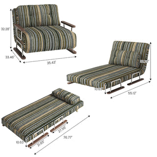 A product dimension graphic displays three configurations of the dark striped convertible armchair and daybed against a white background. When set up as an armchair, it measures 35.43" wide, 33.46" deep, and 32.28" high. Fully extended as a flat daybed, it reaches a length of 76.77" with a height of 10.63". Measurement callouts detail its multi-functional design and physical dimensions from multiple angles.