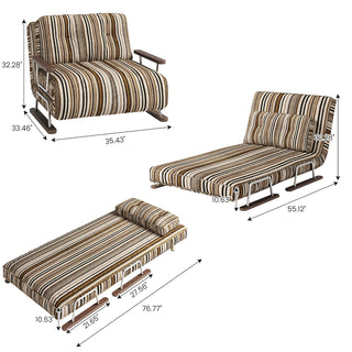 A product dimension graphic displays three configurations of the convertible striped armchair and daybed against a white background. When set up as an armchair, it measures 35.43" wide, 33.46" deep, and 32.28" high. Fully extended as a flat daybed, it reaches a length of 76.77" with a height of 10.63". Measurement callouts detail its multi-functional design and physical dimensions from multiple angles.