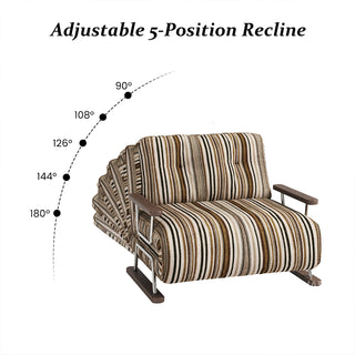 An infographic displays the adjustable 5-position recline feature of the striped armchair against a white background. Dotted arc lines and numbered indicators illustrate the varying recline angles at 90°, 108°, 126°, 144°, and 180°. This visual highlights the versatility and multiple lounging or sleeping angles of the convertible furniture piece.