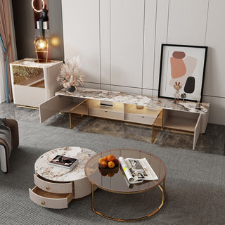 JASIWAY Modern Round Coffee Table Set Sintered Stone with 2 Drawers & Metal Legs