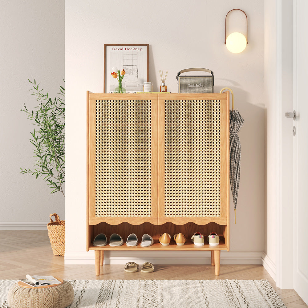 JASIWAY Exquisite Wooden Shoe Cabinet with Woven Rattan Doors