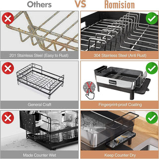 romision Dish Drying Rack Large Dish Rack with Swivel Spout 304 Stainless Steel Dish Drying Rack and Drainboard Set