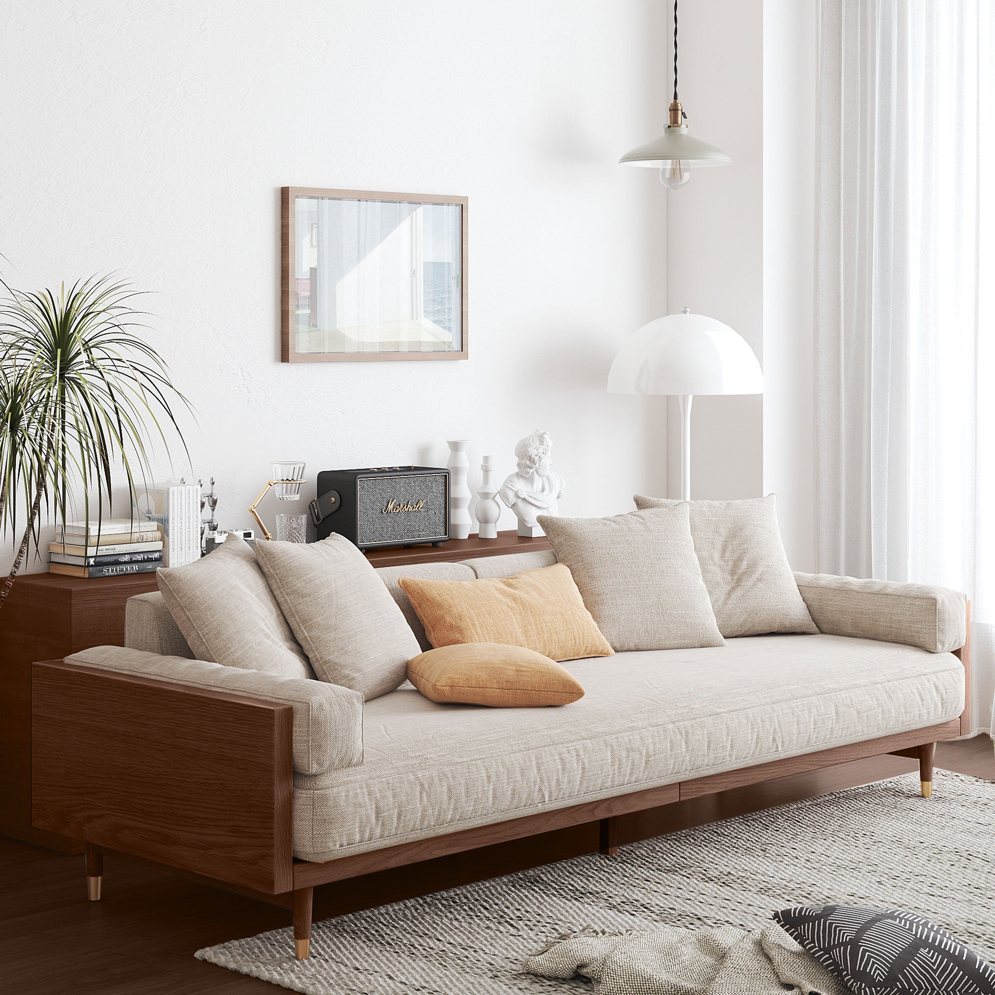 JASIWAY Modern Beige 3-Seat Upholstered Linen Fabric Sofa with Solid Wood Frame for Living Room 3 Seats / Brown Color Frame