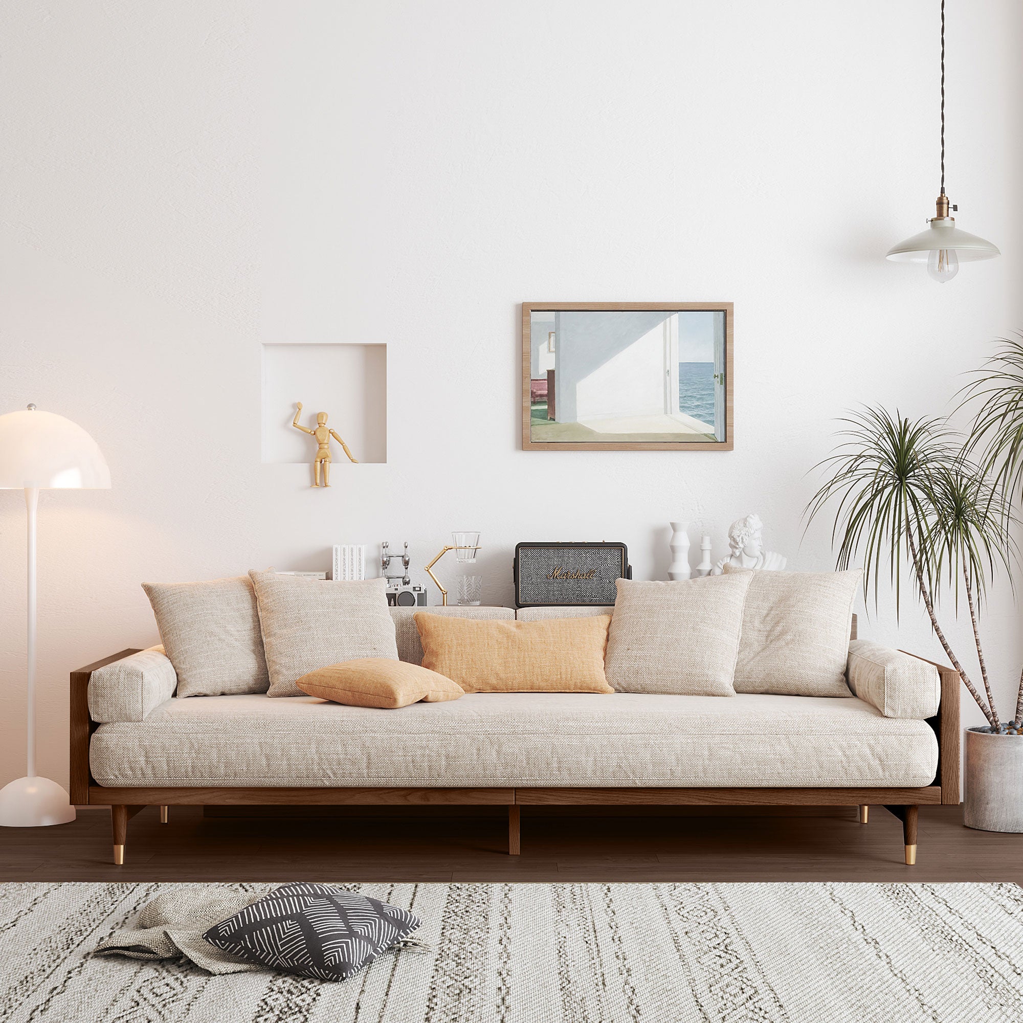 JASIWAY Modern Beige 3-Seat Upholstered Linen Fabric Sofa with Solid Wood Frame for Living Room 3 Seats / Brown Color Frame
