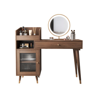 JASIWAY Coffee Brown Wooden Vanity Table with Side Cabinets Open Storage & Drawers