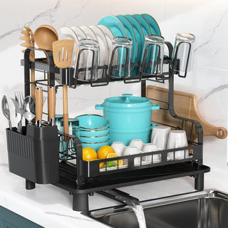 romision 2 Tier Dish Drying Rack Dish Racks for Kitchen Counter Stainless Steel Dish Drainers with Cutlery Holder and Cup Rack Large Dish Dryer Rack for Saving Space