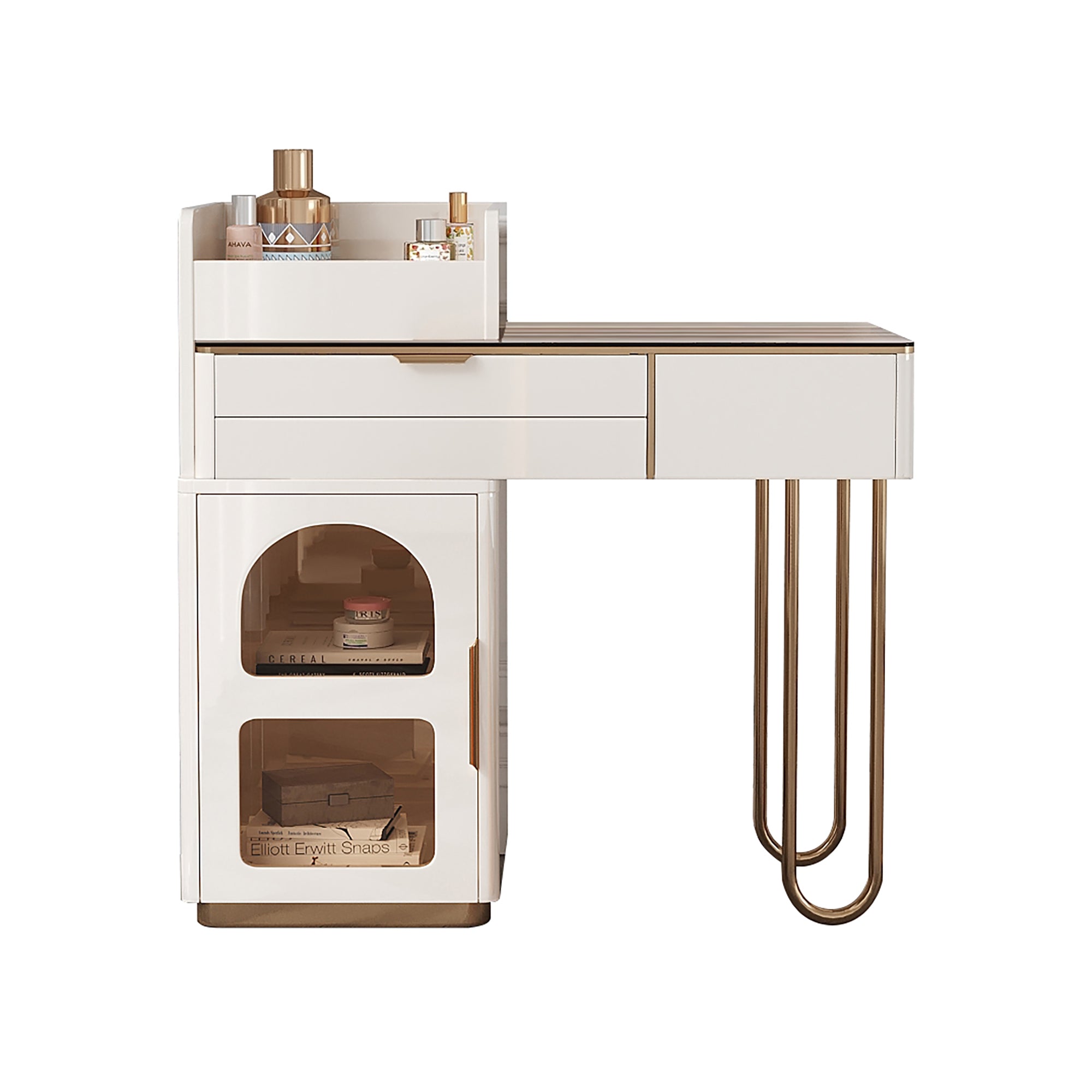 modern glass dressing table Modern White Makeup Vanity with Oversized LED Mirror, Glass Top Dressing Table with Storage