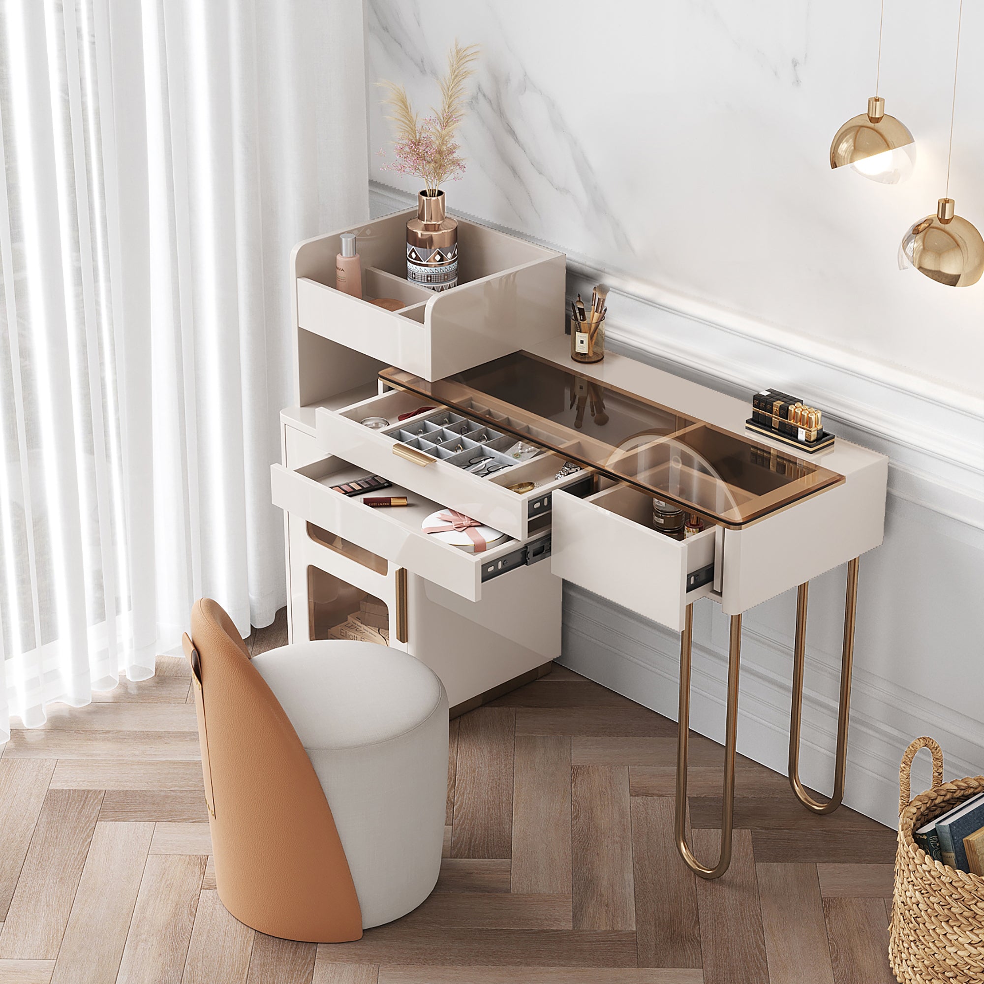 JASIWAY White Makeup Vanity Glass Tabletop Dressing Table with Open Storage Compartment & Drawers & Cabinet Only Table Without Mirror / White JASIWAY White Makeup Vanity Glass Tabletop Dressing Table with Open Storage Compartment & Drawers & Cabinet Only Table Without Mirror / White