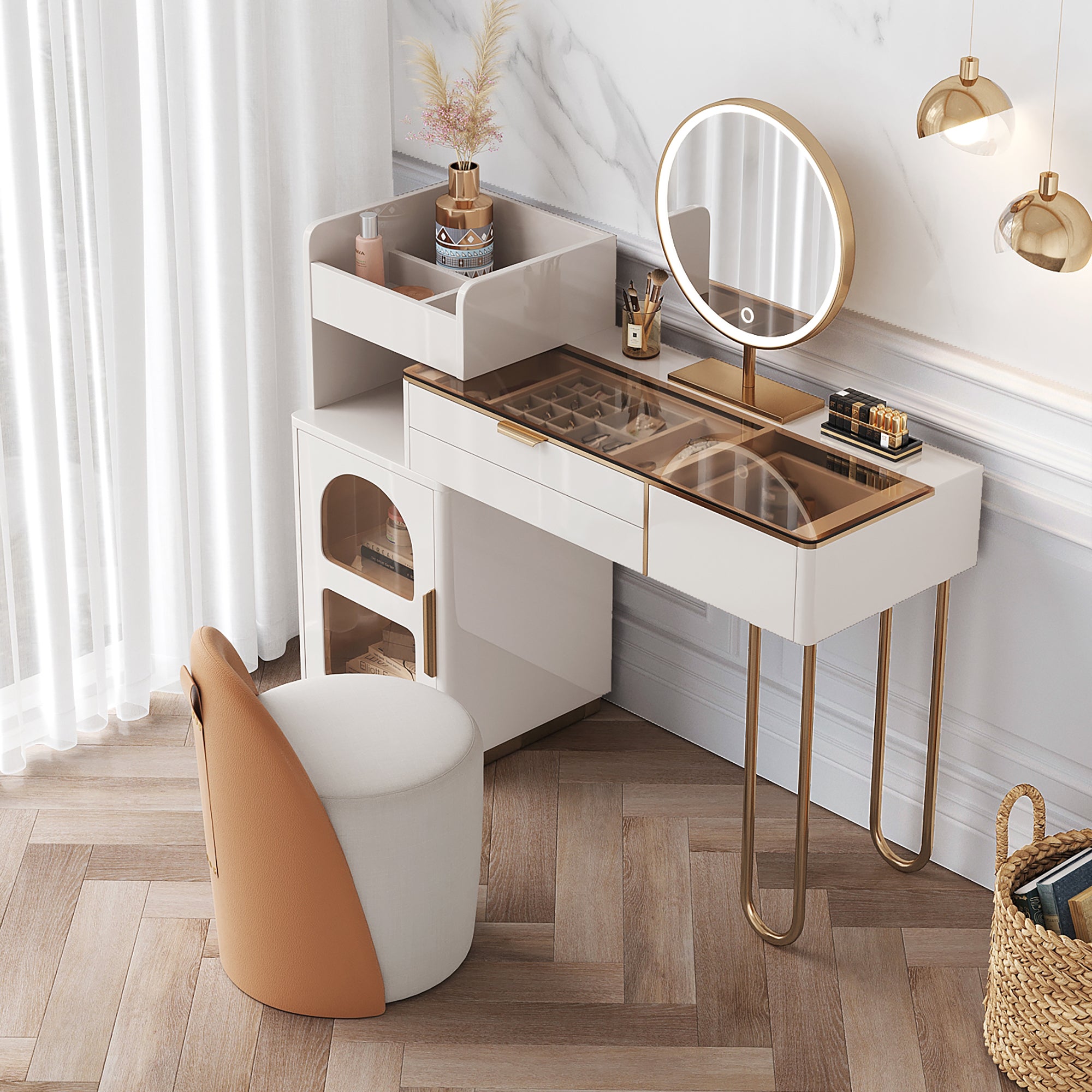 JASIWAY White Makeup Vanity Glass Tabletop Dressing Table with Open Storage Compartment & Drawers & Cabinet Table with LED Mirror / White JASIWAY White Makeup Vanity Glass Tabletop Dressing Table with Open Storage Compartment & Drawers & Cabinet Table with LED Mirror / White