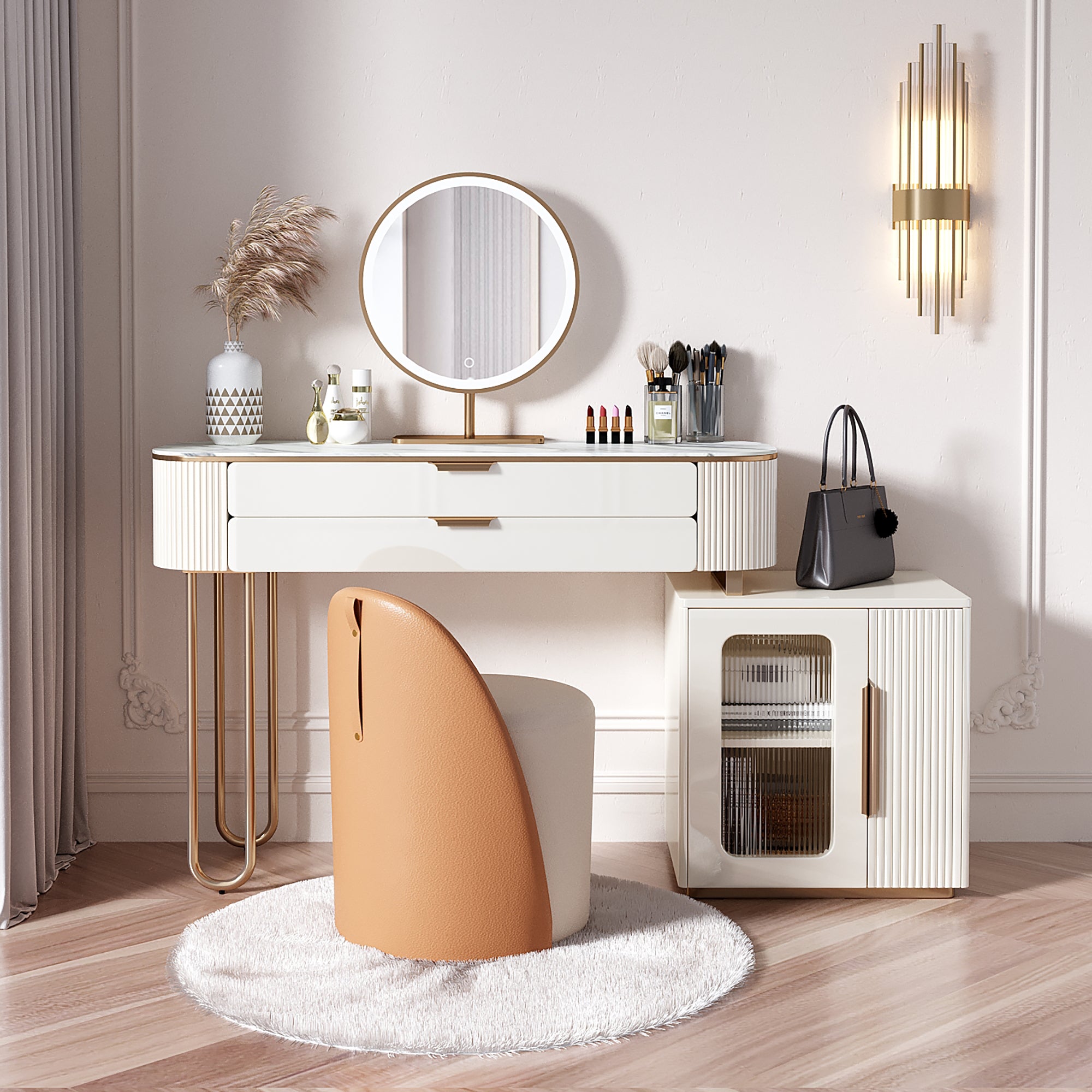 JASIWAY Modern White Makeup Vanity Table with LED Lighted Mirror & Cabinet Table+Circular LED Mirror / Grayish White JASIWAY Modern White Makeup Vanity Table with LED Lighted Mirror & Cabinet Table+Circular LED Mirror / Grayish White