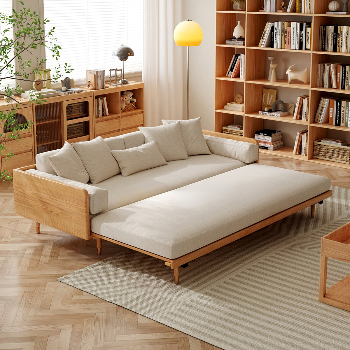 JASIWAY 3 Seater Sofa Bed with Wooden Frame – Pull-Out Design, Modern Convertible Couch Burlywood Color Frame / Cotton Linen