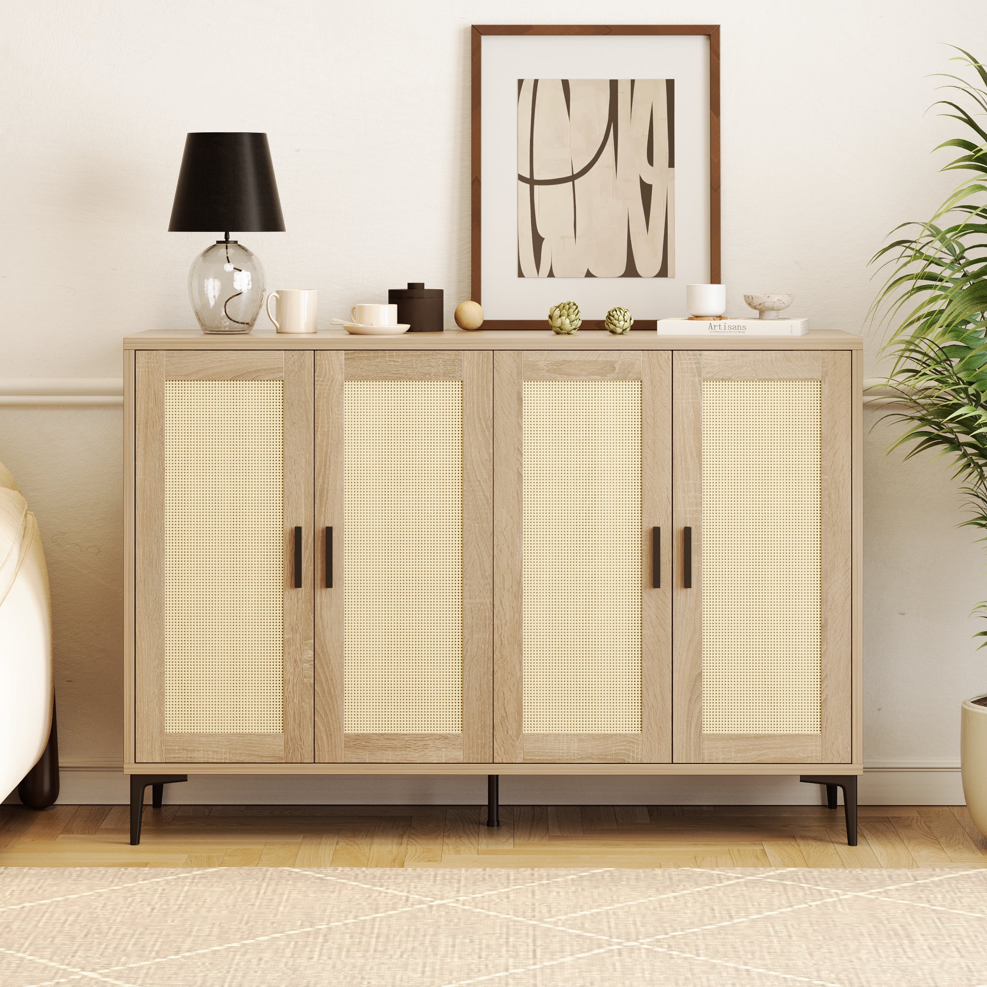 JASIWAY 48.42 Inch Sideboard Cabinet with Rattan Decorated 4-Doors Burlywood