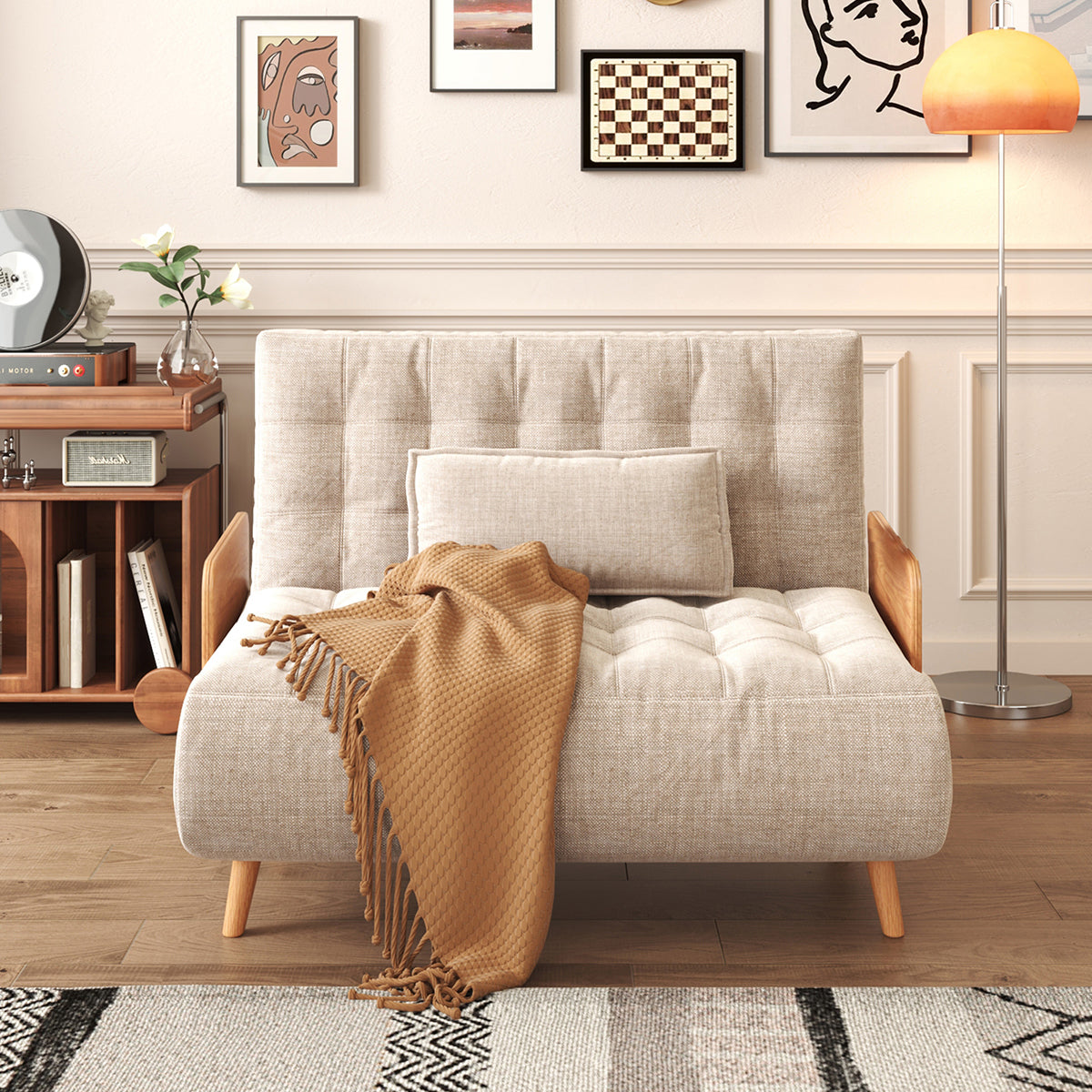 JASIWAY Beige Folding Sofa Bed Convertible Cotton & Linen