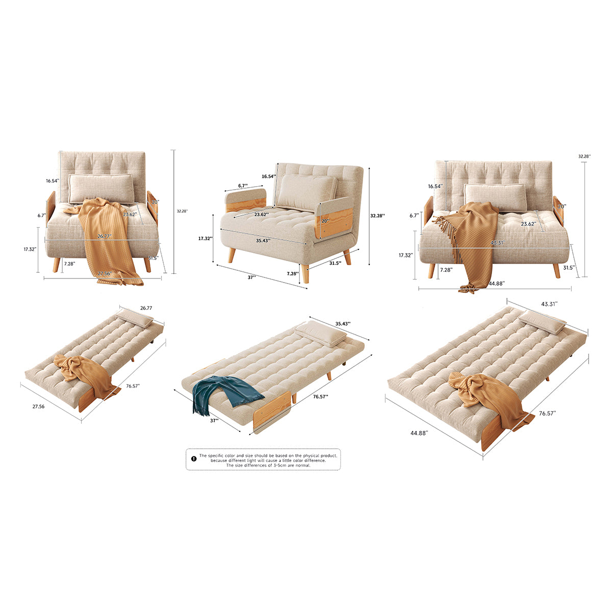 JASIWAY Beige Folding Sofa Bed Convertible Cotton & Linen
