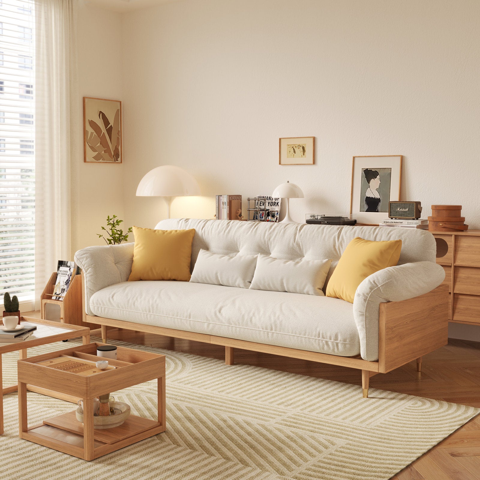 JASIWAY Beige Upholstered Sofa in Cotton Linen Fabric Solid Wood Frame