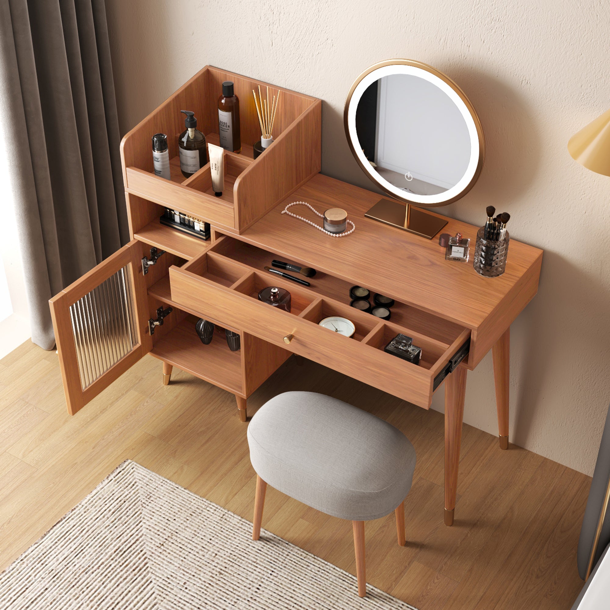 JASIWAY Coffee Brown Wooden Vanity Table with Side Cabinets Open Storage & Drawers Only Table without Mirror / Coffee Brown Color