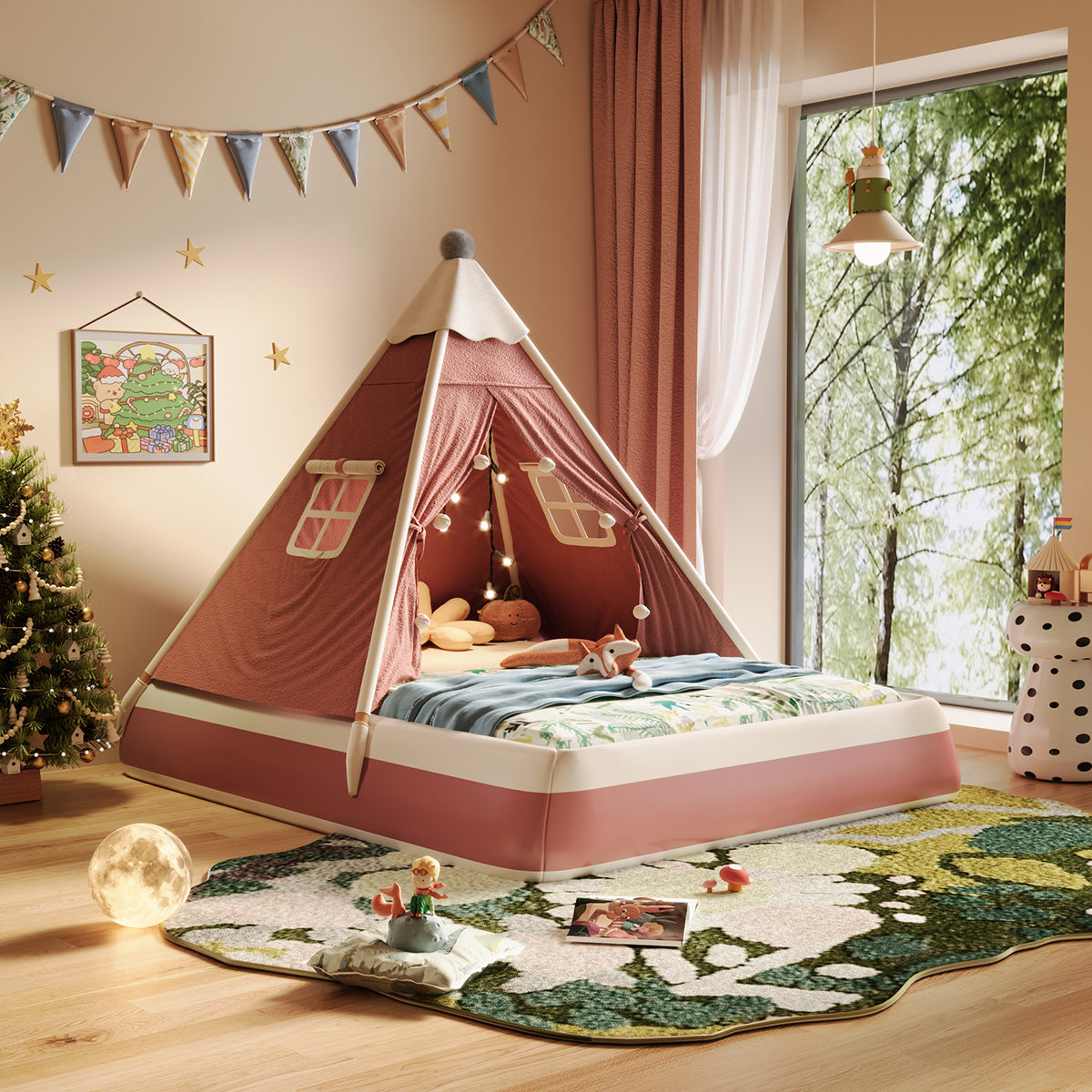 JASIWAY Christmas-Themed Upholstered Kids Tent Bed – Safe & Festive Play and Rest Space Yellow / W 70.87“ Bed Includes Mattress-150*200cm / Tech