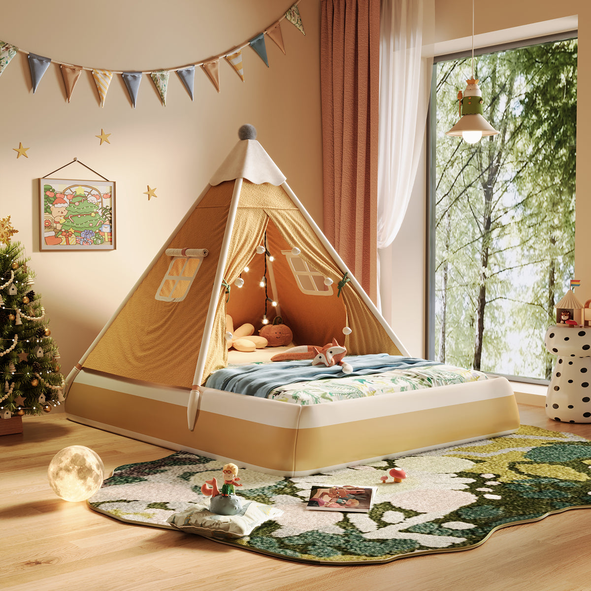 christmas tents JASIWAY Christmas-Themed Upholstered Kids Tent Bed – Safe & Festive Play and Rest Space Yellow / W 59.09“ Bed Includes Mattress-120*200cm / Faux Größe:31,6mm / 400mm term use Bezugsmaterial: PVC Kleve: Das sind die