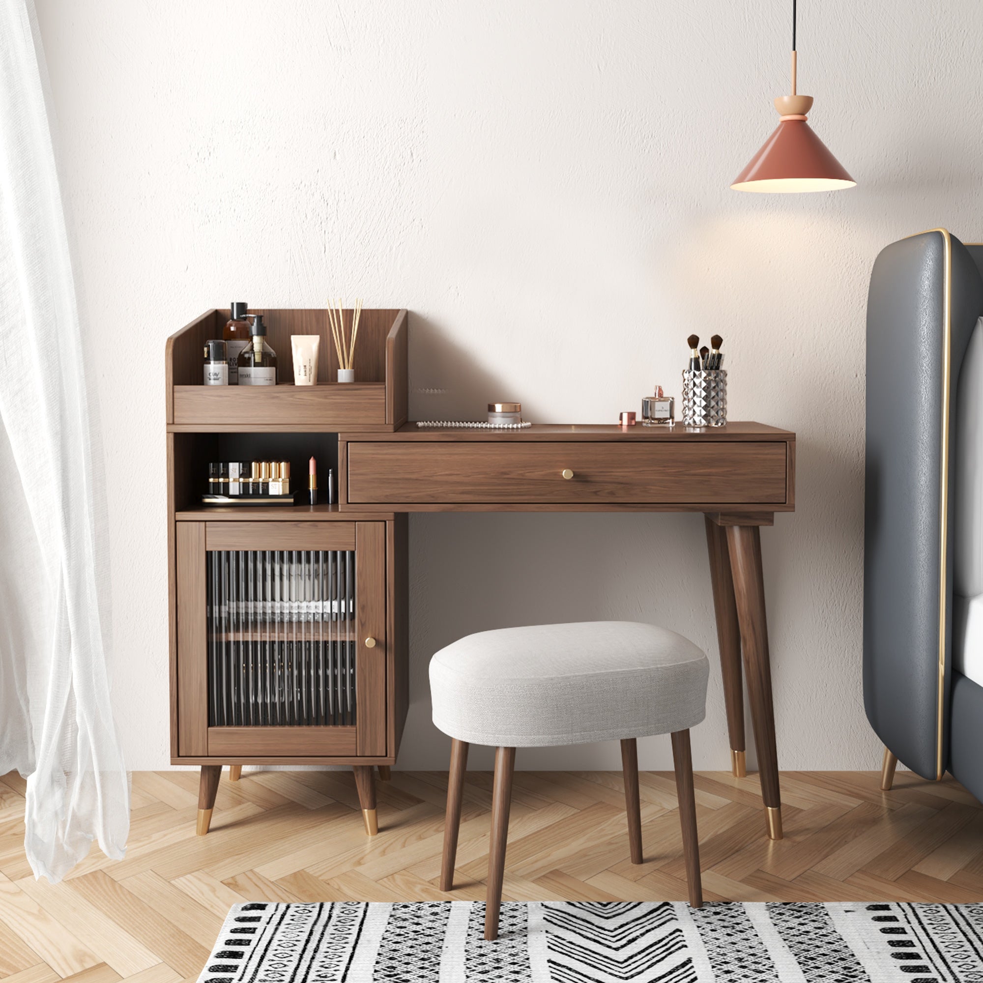 JASIWAY Coffee Brown Wooden Vanity Table with Side Cabinets Open Storage & Drawers Only Table without Mirror / Coffee Brown Color JASIWAY Coffee Brown Wooden Vanity Table with Side Cabinets Open Storage & Drawers Only Table without Mirror / Coffee Brown Color