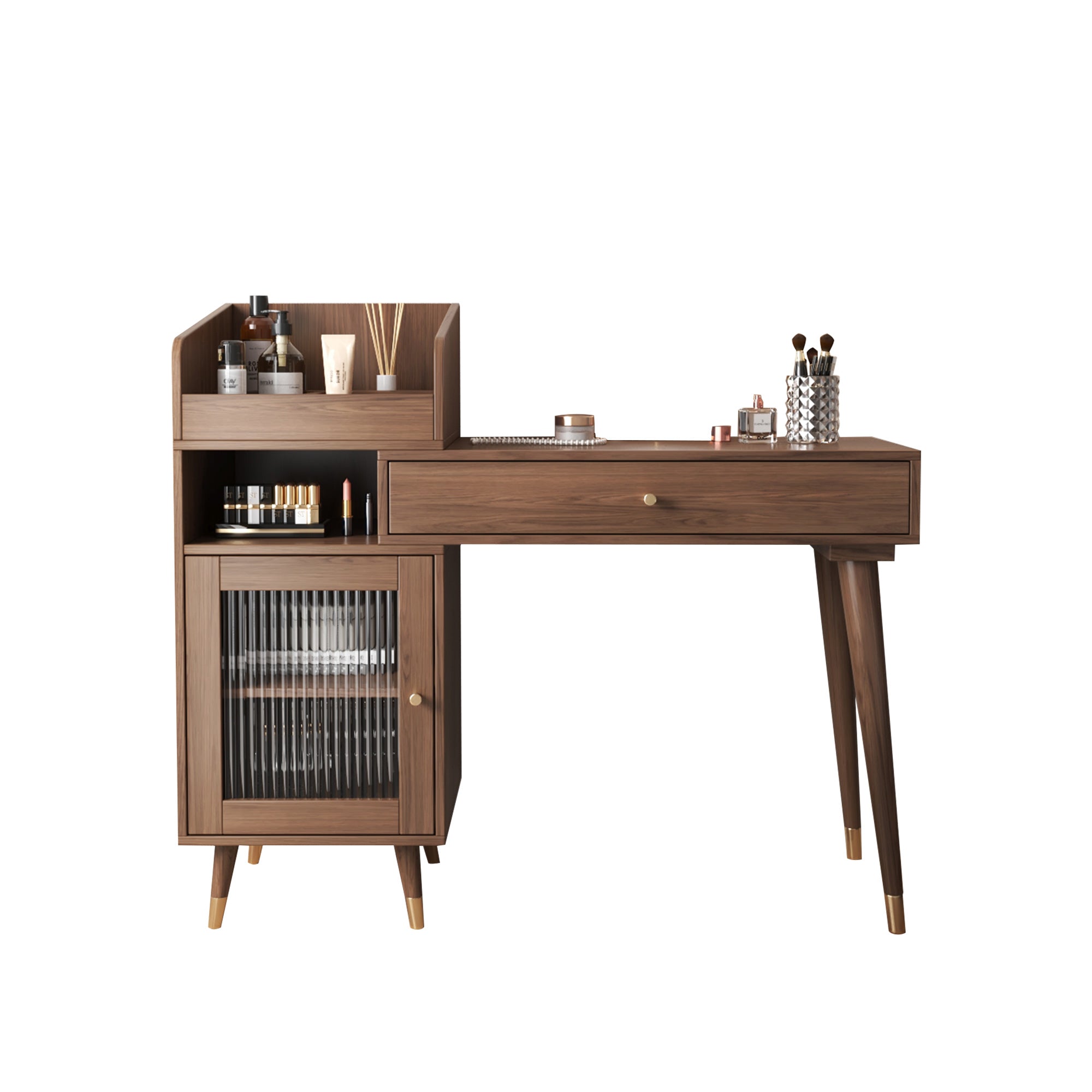 JASIWAY Coffee Brown Wooden Vanity Table with Side Cabinets Open Storage & Drawers Table with Round LED Mirror / Coffee Brown Color