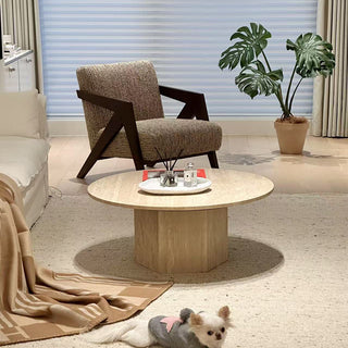 JASIWAY Japandi Round Coffee Table - Beige Travertine & Premium Wood