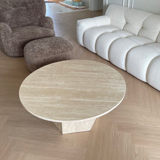JASIWAY Japandi Round Coffee Table - Beige Travertine & Premium Wood