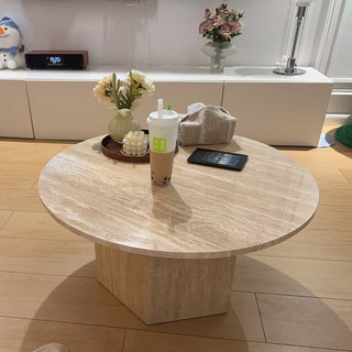 JASIWAY Japandi Round Coffee Table - Beige Travertine & Premium Wood